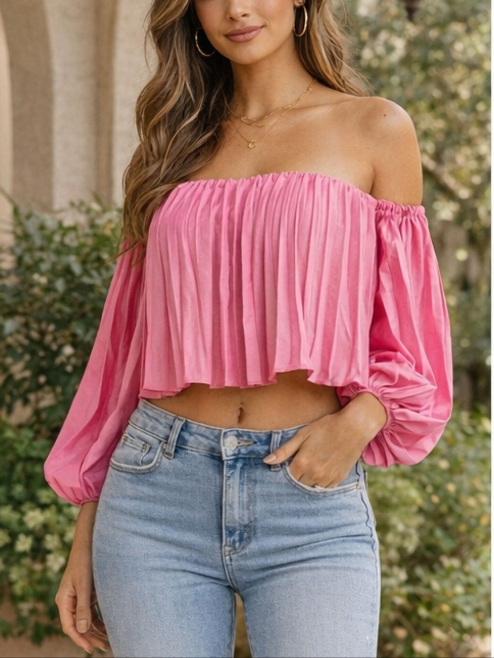 Express Off-The-Shoulder Pleated Cropped Top – Pink | Size XS NWT - Picture 1 of 10